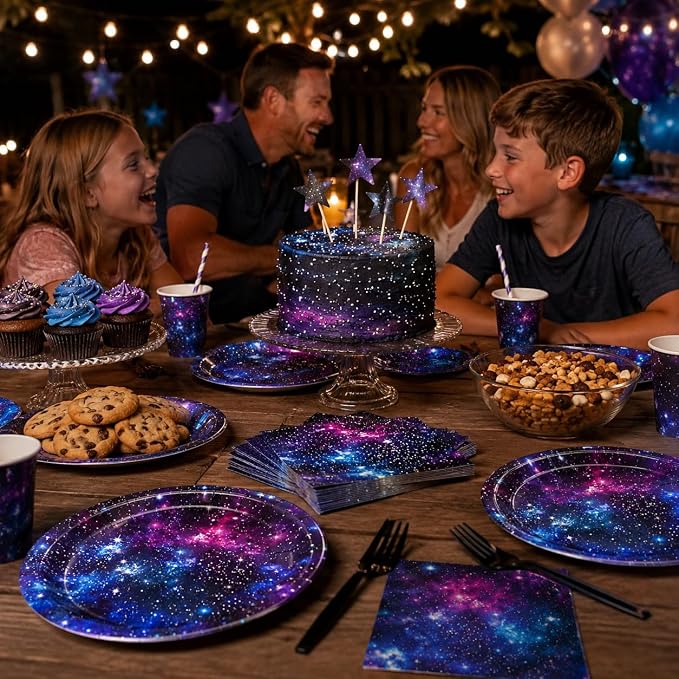 Space Galaxy Party Supplies Tableware Set Outer Space Birthday Party Decorations Starry Night Planet Solar System Paper Plates Napkins Forks for 24 Guests