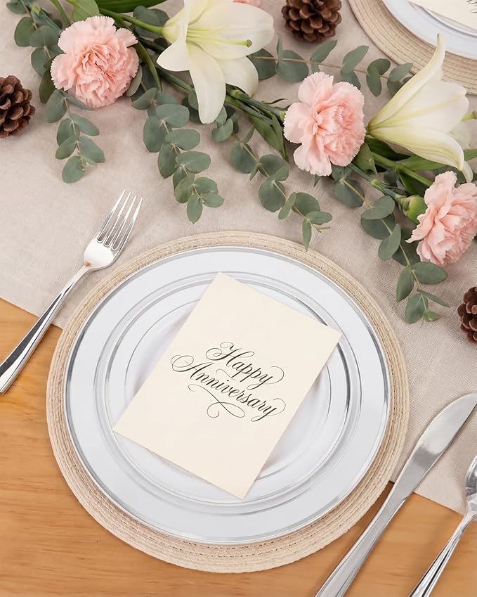 bUCLA 150-Piece Silver Disposable Dinnerware Set - White Plastic Plates with Silver Rim - Include 25 Dinner Plates, 25 Dessert Plates, 25 Forks, 25 Knives, 25 Spoons & 25 Cups for Party & Christmas