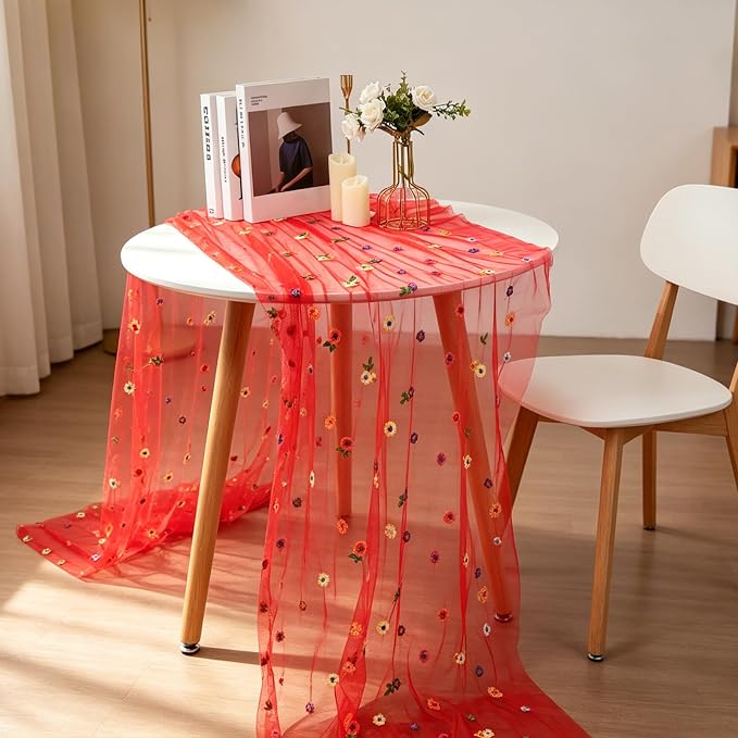 BINBE 1pcs Daisy Spring Table Runner Embroidery Gauze 10FT Florals Seasonal Tulle Holiday Birthday Kitchen Dining Table Decor for Home Party Red