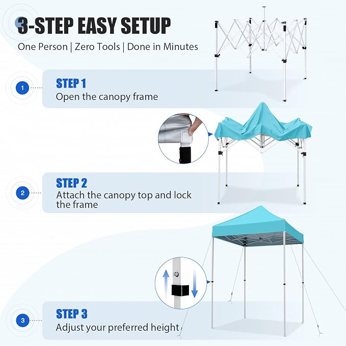 EAGLE PEAK 5x5 Pop Up Canopy Tent Instant Outdoor Canopy Easy Set-up Straight Leg Folding Shelter, Light Blue
