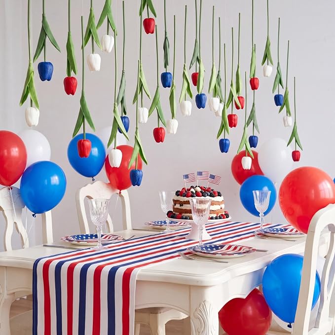 12 Pack Red White Blue 5 ft Artificial Hanging Tulips Garland, 4th of July Dangling Faux Tulip Wall Ceiling Patriotic Hanging Flower for Independence Day 250th Anniversary Home Party Decor