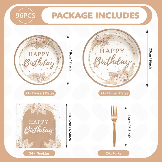 Grencian 96PCS Boho Birthday Party Decorations Boho Birthday Plates and Napkins Disposable Bohemian Pampas Grass Floral Paper Tableware Set for Girls Women Happy Birth-day Party Supplies, Serves 24