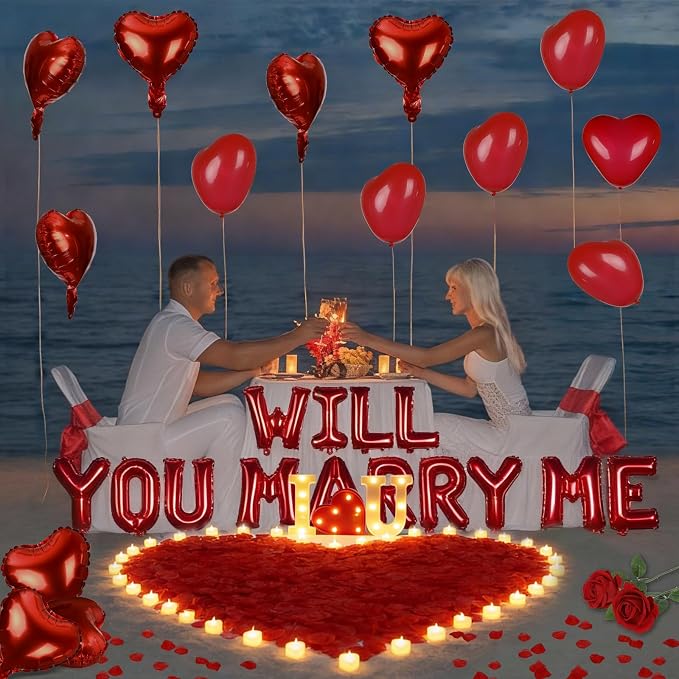 3249pcs Proposal Decoration Anniversary Valentines Day Decoration Romantic Special Night Decor Bedroom Decor Rose Petal LED Hearts "WILL YOU MARRY ME" Balloon Heart Candle Artificial Rose Heart String