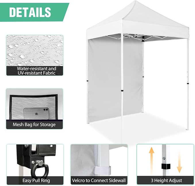 5x5 Pop Up Canopy Tent with One Sidewall, Instant Portable Beach Canopy, Outdoor Tent with Carry Bag for Camping, Sports, Tailgating, Events, White