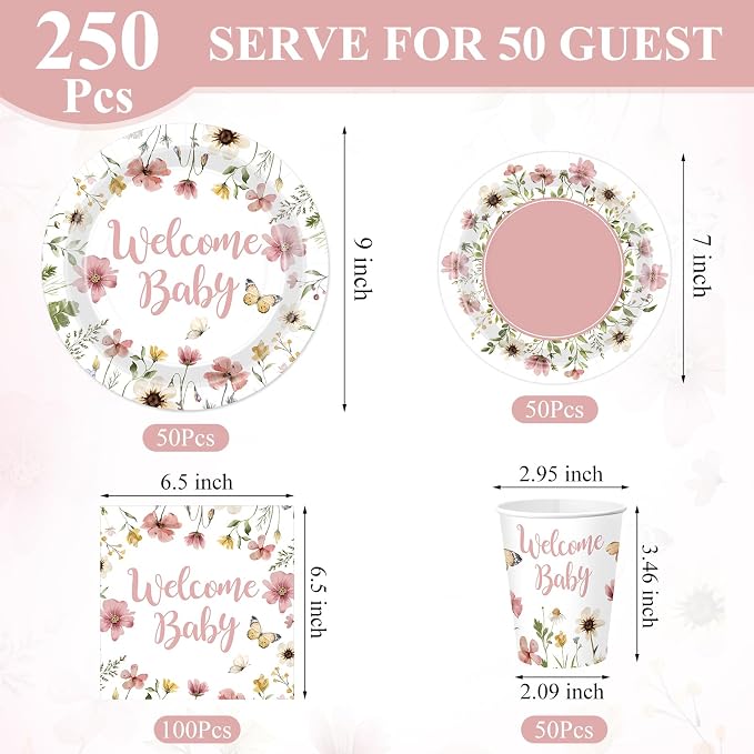 Pickmesh 250 Pcs Pink Floral Baby Shower Party Supplies Decorations Serve 50 Wildflower Welcome Baby Disposable Paper Plates Napkins and Cups for Birthday Babies Girl Shower Gender Reveal Party Decor