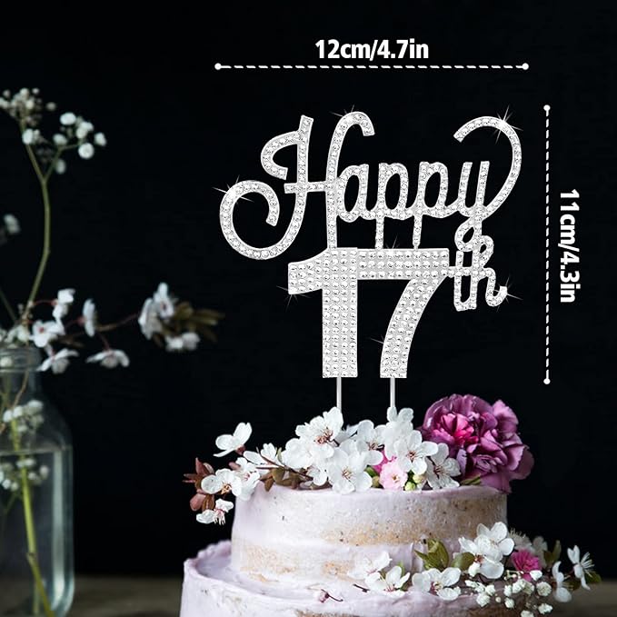 LINGTEER Happy 17th Birthday Silver Rhinestone Cake Topper - Cheers to 17th Birthday Seventeen Years Old Party Cake Centerpieces Topper Decorations Gift Sign.