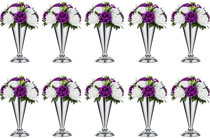 10 Pcs Tabletop Metal Wedding Flower Trumpet Vase, 9.8 inch Table Decorative Centerpiece Artificial Flower Arrangements for Anniversary Ceremony Party Birthday Event Aisle Home Decoration, Silver