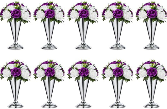 10 Pcs Tabletop Metal Wedding Flower Trumpet Vase, 9.8 inch Table Decorative Centerpiece Artificial Flower Arrangements for Anniversary Ceremony Party Birthday Event Aisle Home Decoration, Silver