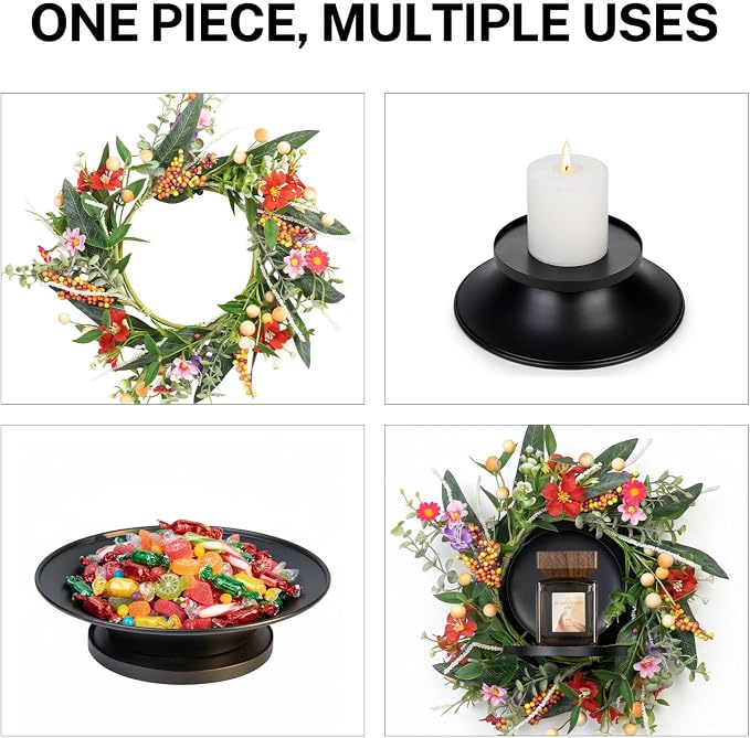 MOYEE Summer Centerpieces for Tables Candle Ring, Black Metal Candlestick with an Artificial Wreaths 14 in Versatile Dining Table Centerpiece Decor (Red Flower Green Leaf Wreath)