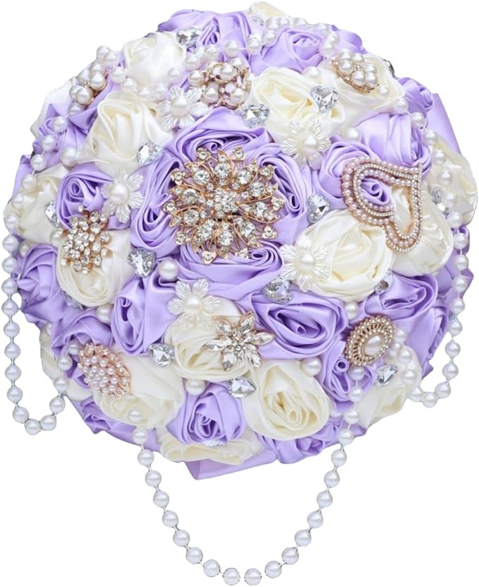 Cascade Bridal Wedding Bouquet with Rhinestone Brooch Pearl String Bouquet for Bride Bridesmaid Quinceanera Satin Rose Flower Bouquet Wedding Lilac Light Purple and Ivory 8.7in