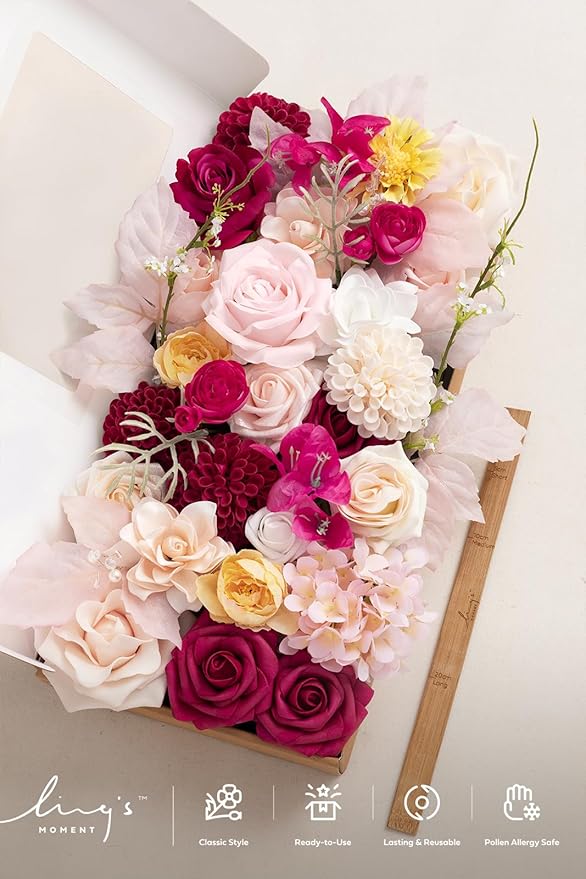 Ling's moment Fake Flowers Box, Faux Artificial Greenery Stems Foam Dahlia Gardenia Roses Silk Hydrangea Ranunculus Fabic Flower for Centerpieces Bouquet Wedding Vase, Hot Pink & Blush, Deluxe Combo