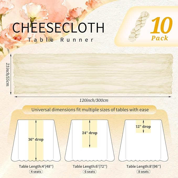 10 Pack Beige Cheesecloth Table Runner 10FT Boho Gauze Cheese Cloth Table Runners Romantic Rustic Sheer Table Decorations for Wedding Party Baby Shower Birthday Holiday Home