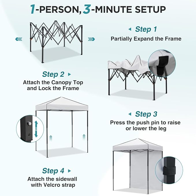 EAGLE PEAK 6x4 Instant Pop Up Canopy Tent with 1 Side Wall Panel, Straight Leg Sun Shelter, Portable Canopy with Carry Bag for Camping, Beach & Sports, White
