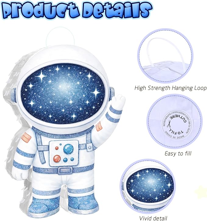 VioraWhite Astronaut Piñata for Kids Party Decorations Blue Spaceman Piñata Games with Stick and Blindfold Outer Space Decor for Boys & Girls Summer Galaxy Birthday Baby Shower Party Supplies