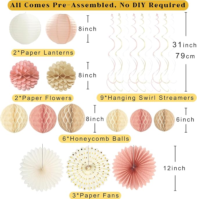 Boho Blush Pink Baby Shower Decorations for Girl, Pre-Strung, 24pcs | Welcome Baby Sign, Honeycomb Balls, Paper Flowers, Lanterns, Fans, Streamers, Dots Garland for Girl Baby Shower Decorations