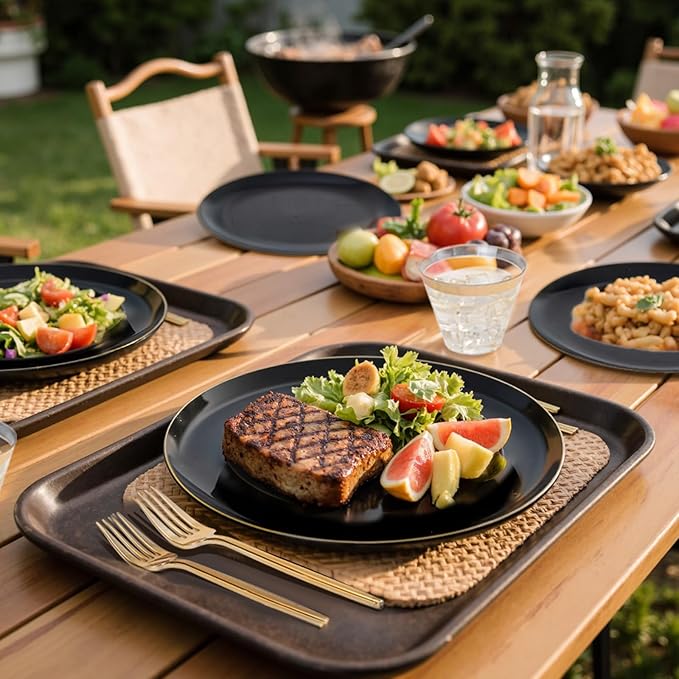 bUCLA 150PCS Black and Gold Plastic Plates - Black Gold Plastic Dinnerware Set Disposable - Include 25 Dinner / 25 Dessert Plates, 25 Knives, 25 Forks, 25 Spoons, 25 Cups, Ideal for Party & Graduation