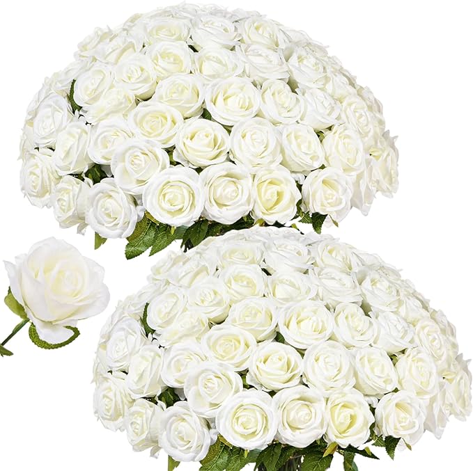 50 PCS White Roses Artificial Flowers, Fake White Roses Bouquet,White Artificial Silk Roses with Stems for DIY Wedding Flowers Decoration, Valentines Day, Home Decor, Bridal Bouquet Roses