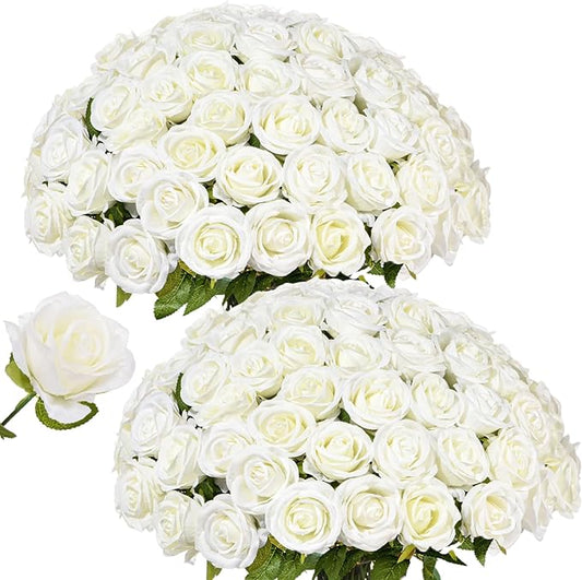50 PCS White Roses Artificial Flowers, Fake White Roses Bouquet,White Artificial Silk Roses with Stems for DIY Wedding Flowers Decoration, Valentines Day, Home Decor, Bridal Bouquet Roses
