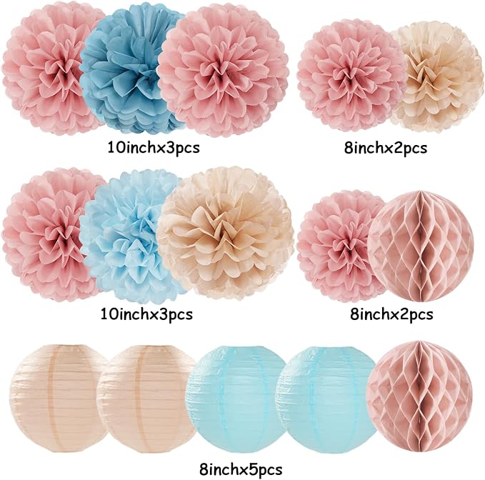 Dusty-Blue Pink Party-Decorations Paper Lanterns - 15pc Gender Reveal Tissue Pom Poms Streamers,Birthday Bachelorette Bridal Baby Shower Engagement Wedding Decor Panduola