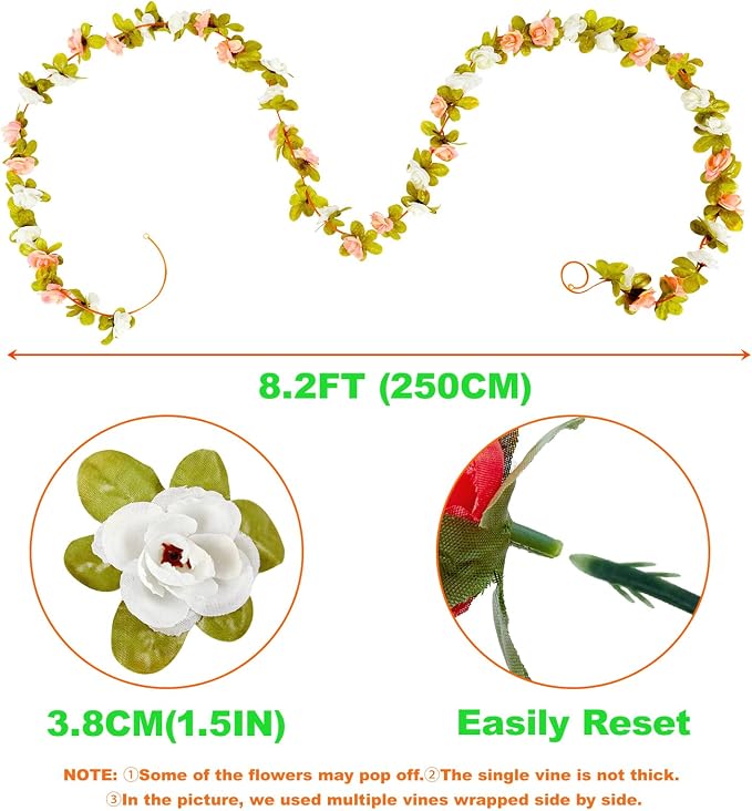 PONKING 8 Pcs x 8.2 ft Flower Garland Artificial Rose Vine Flowers with Green Leaves Hanging Fake Roses Vine for Room Party Home Wedding Birthday Christmas Wall Arch Decor, Fall Champagne Flower