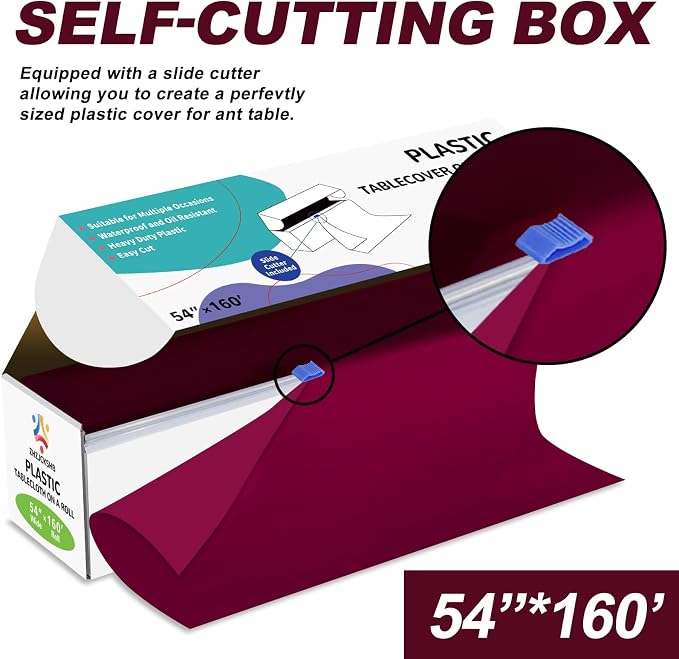 54IN X 160FT Plastic Table Cover Roll with Cutter Box, Cut to Size Plastic Table Cloths for Parties, Birthday, Disposable Tablecloth Roll for All Shape Tables (Burgundy, 54 Inch X 160 Feet)