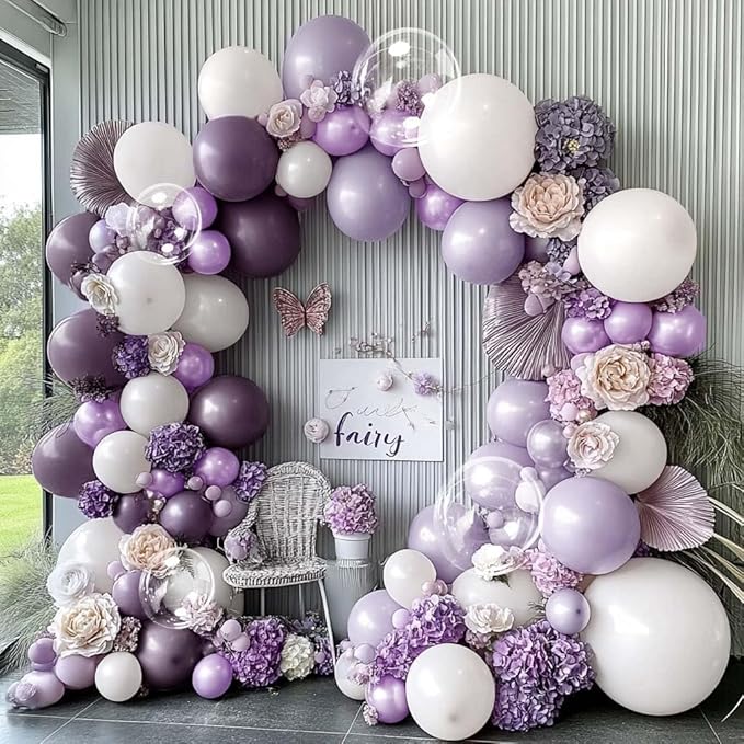 Purple White Balloon Garland Double Stuffed Light White Lilac Balloons Pearl Balloon Arch Kit For Lavender Fairy Birthday Baby Shower Wedding Wild Flower Bridal Shower Party Decor