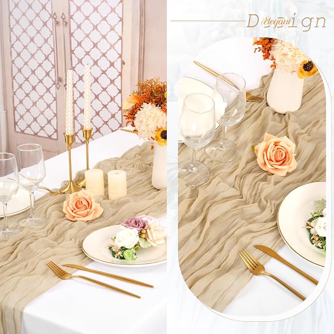 Showgeous 6 Pack Beige Cheesecloth Table Runner, 10FT Long Semi-Sheer Boho or Rustic Gauze Table Runner Wedding Table Decor for Wedding Arch Draping Bridal Shower Holiday Party