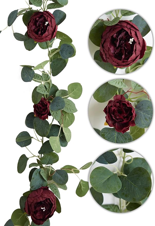 MISSPIN Artificial Eucalyptus Garland with Flower Vintage Faux Peony Rose Vine Greenery Decorative Table Centerpieces for Spring Wedding Arch Door Arrangement Party Decor