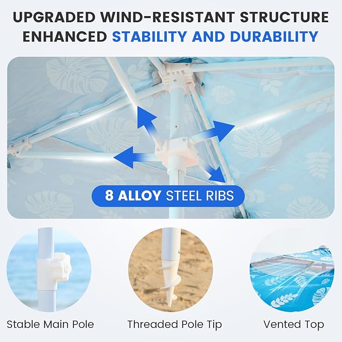 Zeraty Beach Cabana 8'×8', Portable Beach Canopy with Side Wall, UPF 50+ Silver-Coated Beach Tent Sun Shelter Easy Pop Up, Wind Resistant Adjustable Height Beach Umbrella Tent for Family, Lagoon