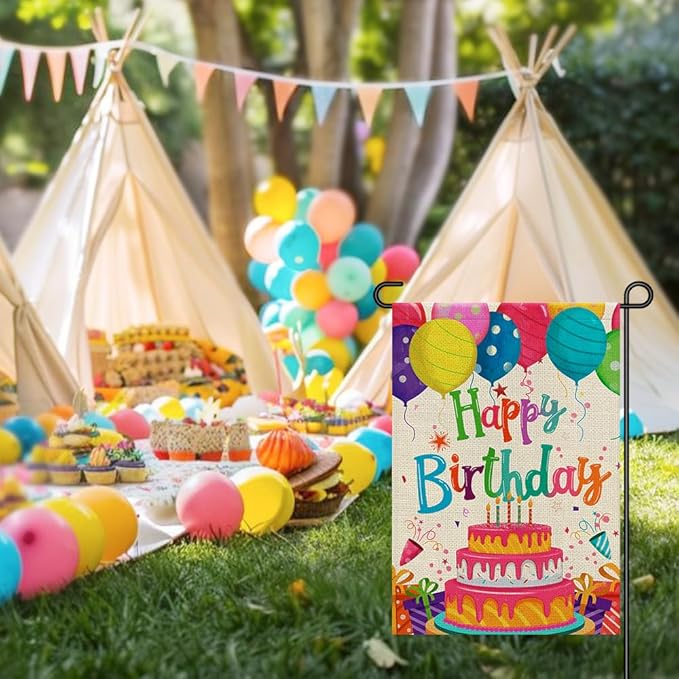 Happy Birthday Garden Flags 12x18 Double Sided Burlap, Colorful Balloon Cake Toppers Personalized Banner Farmhouse Yard Sign Birthday Party Outdoor Decorations DF576
