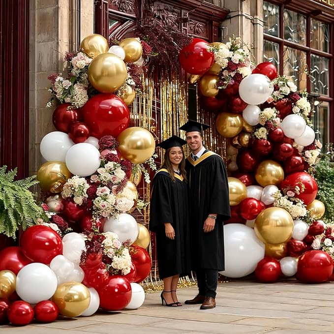 Red White Gold Balloon Arch Double Stuffed Burgundy Red Gold Pearl White Balloon Garland Kit Wine Latex Balloons for Mother's Day Birthday Wedding Engagement Graudation Party Decorations