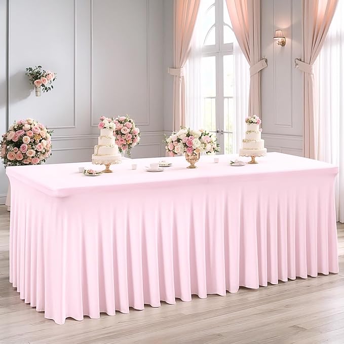 6 Packs Baby Pink Spandex Tableclothes for 8 Foot Rectangle Table, Spandex Table Covers 8FT Stretch Table Skirts Rectangle Wrinkle Free Fitted Table Cover for Event, Wedding, Banquet & Parties