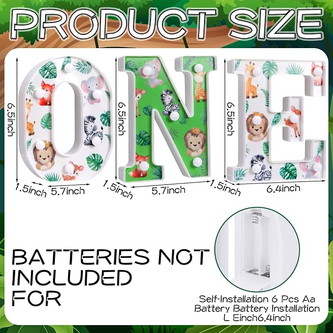 Tujoe Wild One Birthday Decorations Jungle Safari 8.5 Inch LED Light Up Letters for 1st Birthday Boy or Girl Animals First Table Centerpiece Backdrop Decor 1 Year Old Party Supplies