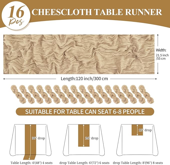 16 Pack 10Ft Cheesecloth Table Runner Beige, 20 x 120 Inch Rustic Gauze Boho Cheese Cloth Table Runners Wedding Long Table Runner for Wedding Party Bridal Shower Table Decoration