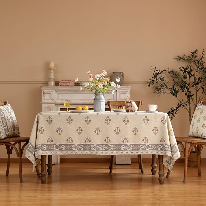 patdrea Vintage French Linen Tablecloth,Rectangular,110"x63"-Istana A | Heavyweight Elegant Table Cloth for Rectangle Table,Natural Floral Block Print,for Dining Room Tea Party Thanksgiving
