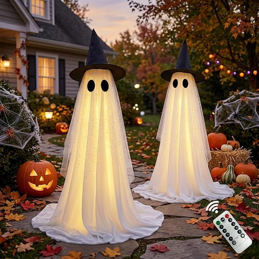 Halloween Decorations Outdoor, Spooky Ghost Halloween Decor with Witch Hat | Set of 2, Adjustable Height,Remote Control & Timer,Unique Ghost & Witch Fusion Design, Sparkling Sheer Tulle and White Fabric