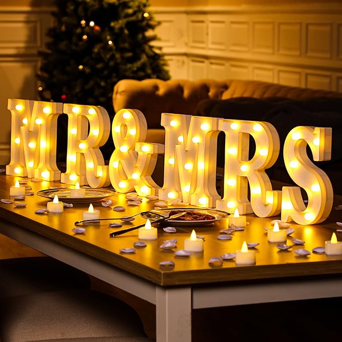 6 Pcs Mr and Mrs LED Light up Sign 8.4 in, 12 Flameless LED Candles 300 Artificial Rose Petals Neon Mr and Mrs Sign for Wedding Table Heart Romantic Candles Light up Letters for Romantic Decor(White)