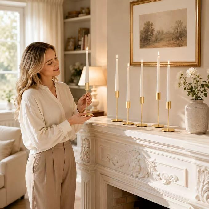zeochyni French Gold Taper Candle Holders Set of 6, Tall Metal Candlestick Holders in 3 Heights with Weighted Base for Wedding Table Centerpiece, Dining Table, Mantel Decor and Housewarming Gift