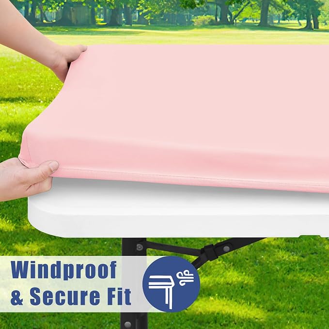 Moosfor Spandex 4 Foot Rectangle Table Cloth 4 Pack, Elastic Fitted Tablecloths for Picnic, Stretch Washable Patio Table Cover for Outdoor, Camping, Banquet and Parties (Pink, 30"x48")