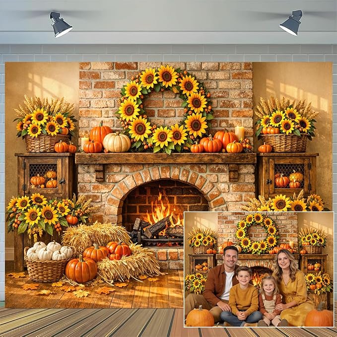 10 x 8 ft Fall Backdrop Fall Fireplace Harvest Pumpkins Maple Leaves Sunflower Background Rustic Friendsgiving Thanksgiving Family Party Decorations Backdrop Photo Props Supplies