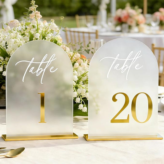 Frosted Wedding Table Numbers 1-20 with Stands, Elegant Gold Number Arch Acrylic Signs with Holder, 5.5" x 7" Gold 3D Table Numbers for Wedding Reception, Party, Anniversary, Events