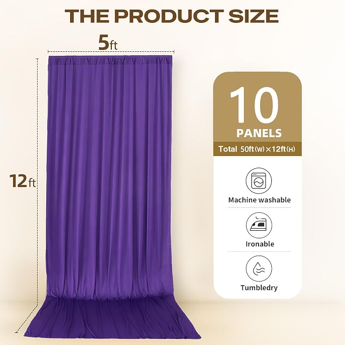 50ftx12ft Purple Backdrop Curtains for Parties, Wrinkle Free Polyester Purple Photo Backdrop Drapes 10 Panels 12 ft Long Back Drop Cloth for Wedding Birthday Photography Background Party