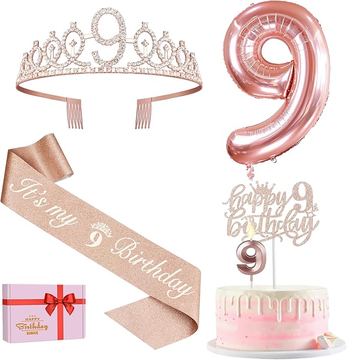 9th Birthday Decorations for Girls, Including 9th Birthday Sash and Tiara, Cake Topper and Candle, Number Balloon, 9 Year Old Girl Gifts