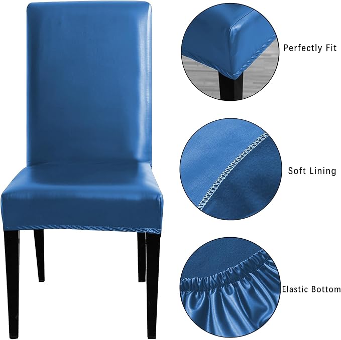 Qubjus Dining Chair Covers, Solid Pu Leather Waterproof Oilproof Stretch Dining Chair Protector Cover Slipcover (Blue, 4 Pack)