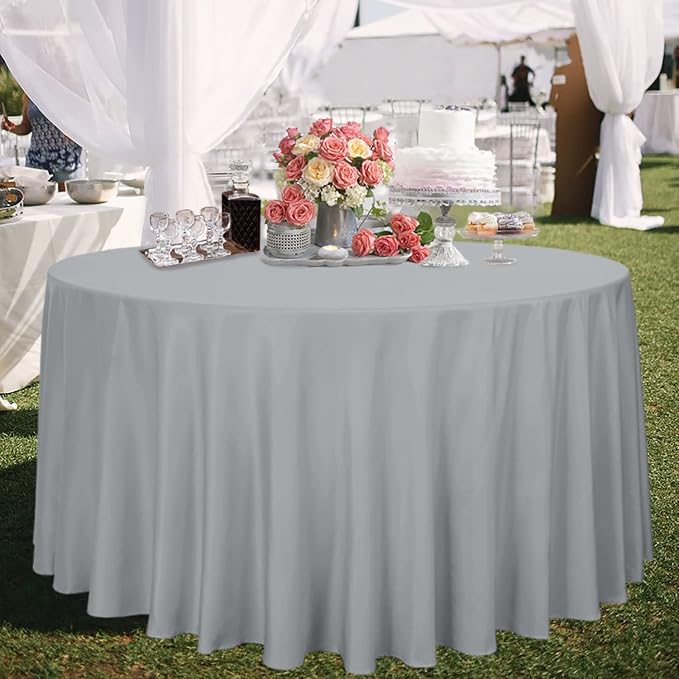 sancua Round Tablecloth - 108 Inch - Water Resistant Spill Proof Washable Polyester Table Cloth Decorative Fabric Table Cover for Dining Tables, Buffet Parties and Camping, Silver Grey