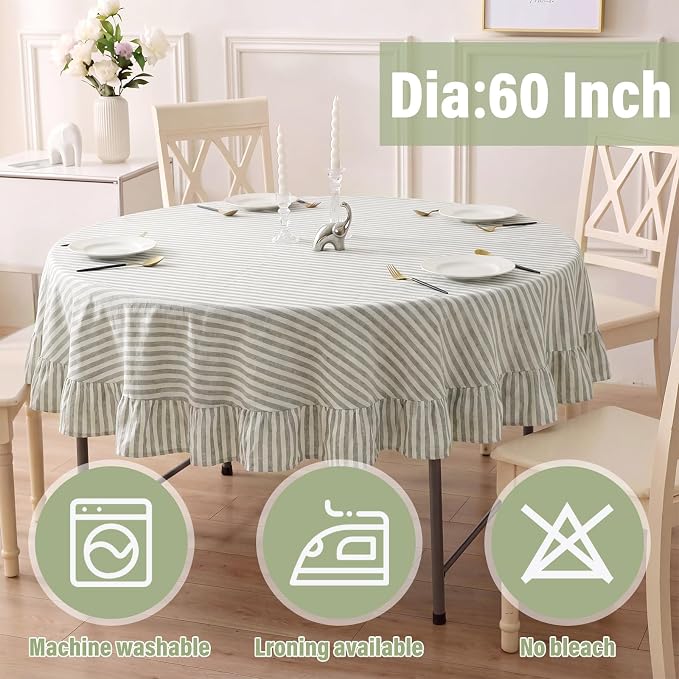 Boao Cotton 60 Inch Farmhouse Ruffle Tablecloth Sage Green White Striped Flounces Trim Table Cover for Round Table Kitchen Party Wedding Decor