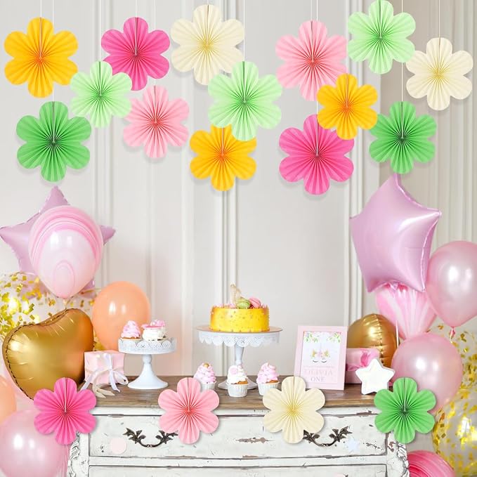 DODOKIM Paper Fans Party Decorations Paper Flowers Decorations for Wall Floral Backdrop Classroom Baby Shower Birthday Party Flower Wall Decor Pack of 18 Pink Green Yellow