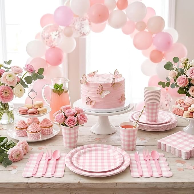 LINHAXM 175 PCS Pink Gingham Party Supplies, Pink Gingham Paper Plates, Cups, Napkins, Cutlery Pink Party Decorations for Bridal, Wedding, Birthday Party, Outdoor Picnic, Serves 25