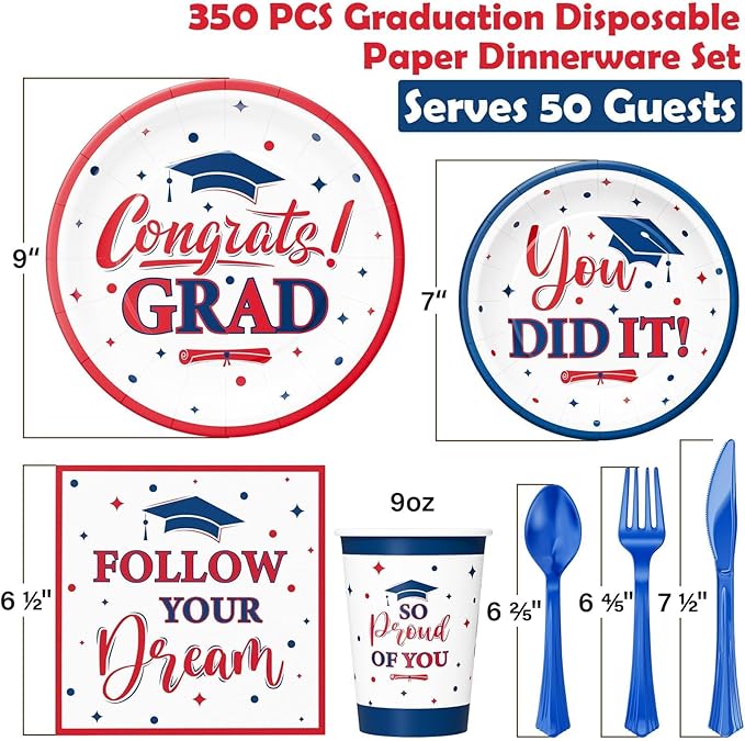 Ecomore Graduation Decorations Class of 2026, 350 PCS Graduation Party Supplies College High School Grad Decor Disposable Dinnerware (Serve 50) Paper Plates Cup Napkin Fork Knife Spoon (Red & Blue)