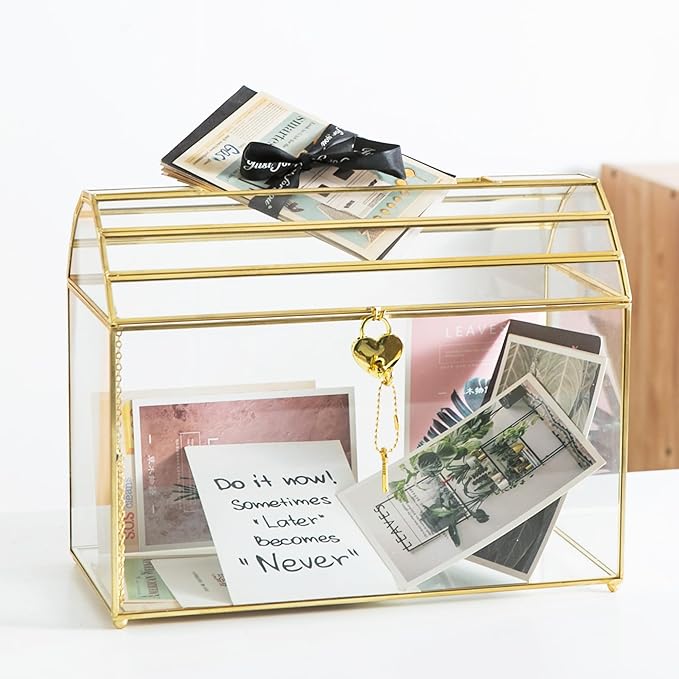 Wedding Card Box with Slot, 12.2'' Large Glass Card Boxes for Reception, Gold Cards Holder, Clear Decorative Storage Box with Lock for Baby Shower, Birthday Party, Christmas, Bridal Shower